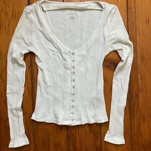 Anthropologie long-sleeved button-down white ribbed top size XS